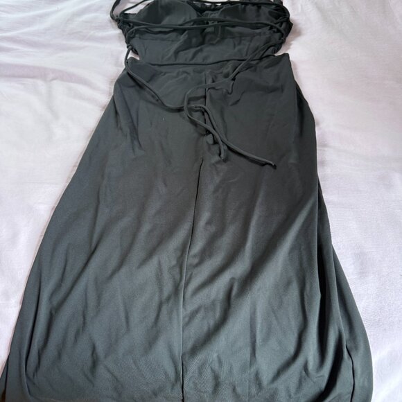 Halara Ruched Backless Crisscross Lace Up Split Bodycon Midi Casual Dress - Picture 4 of 4